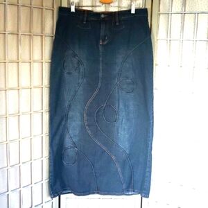 Denim distress modesty with aplique cowgirl maxi skirt 16